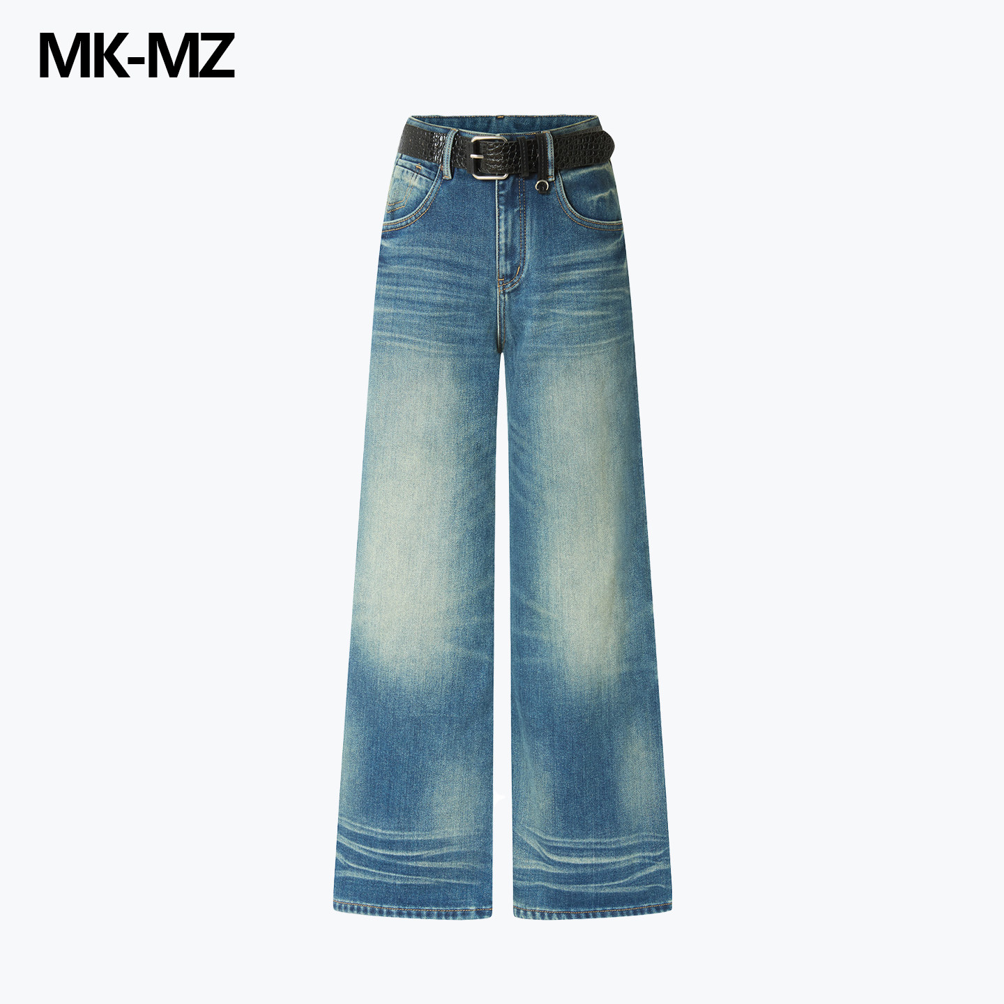MKMZ「澜纹蓝叙」复古做旧阔腿牛仔裤女高腰显瘦垂感磨白长裤