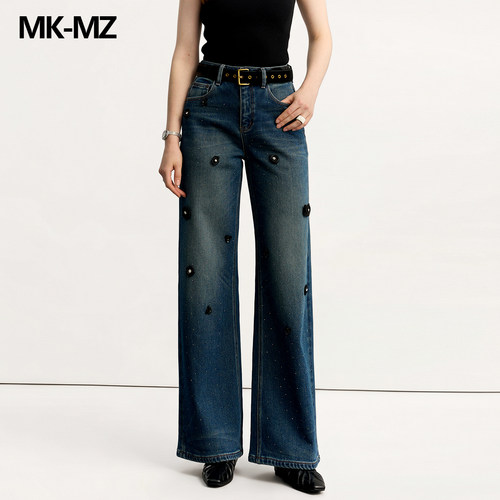 MKMZ重工立体花朵阔腿牛仔裤女春秋高腰垂感显瘦宽松长裤