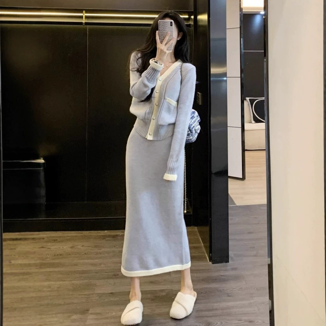 时尚休闲套装女2026秋季新款小香风长袖开衫裤腿裤针织两件套装裙