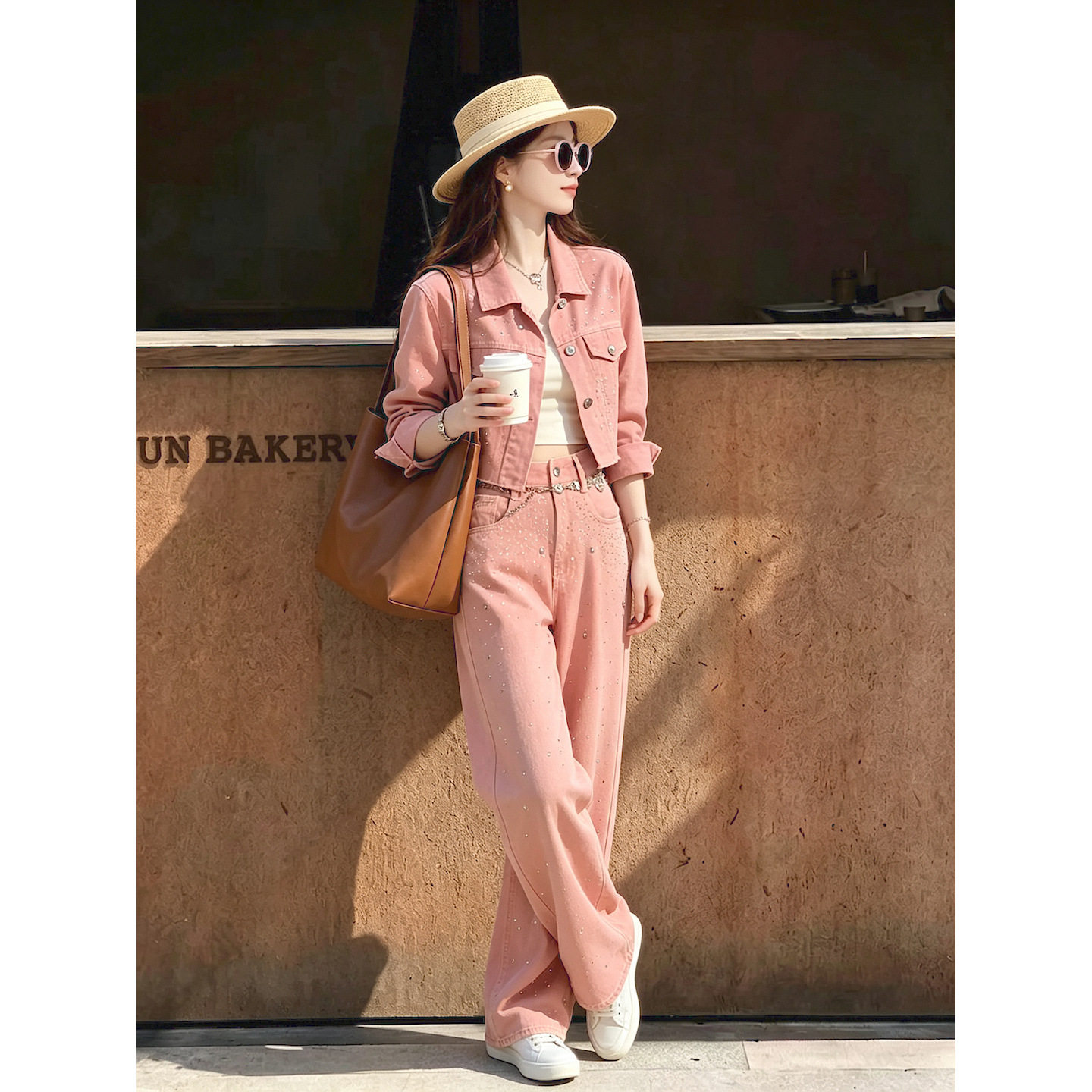 韩系甜妹粉色牛仔季短款外套阔两件套女春秋2026新款休闲运动套装