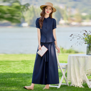 新款 2026夏季 女洋气立领单排扣衬衫 阔腿裤 SY2723 时尚 两件套裤 套装