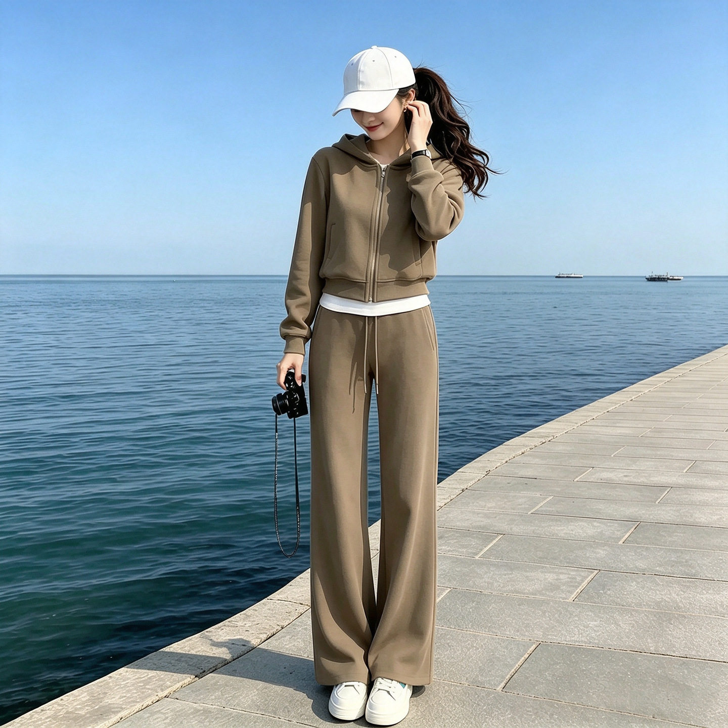 休闲运动套装女秋冬2026新款韩版连帽卫衣设计感高腰阔腿裤两件套