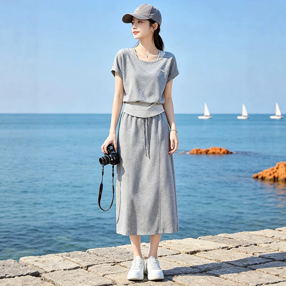 欧货条纹拼接短袖半身裙时尚套装女2026夏季新款一整套ootd穿搭