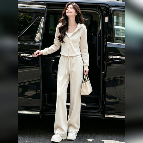 纯欲风休闲套装女2026秋冬新款修身连帽拉链卫衣阔腿裤运动两件套