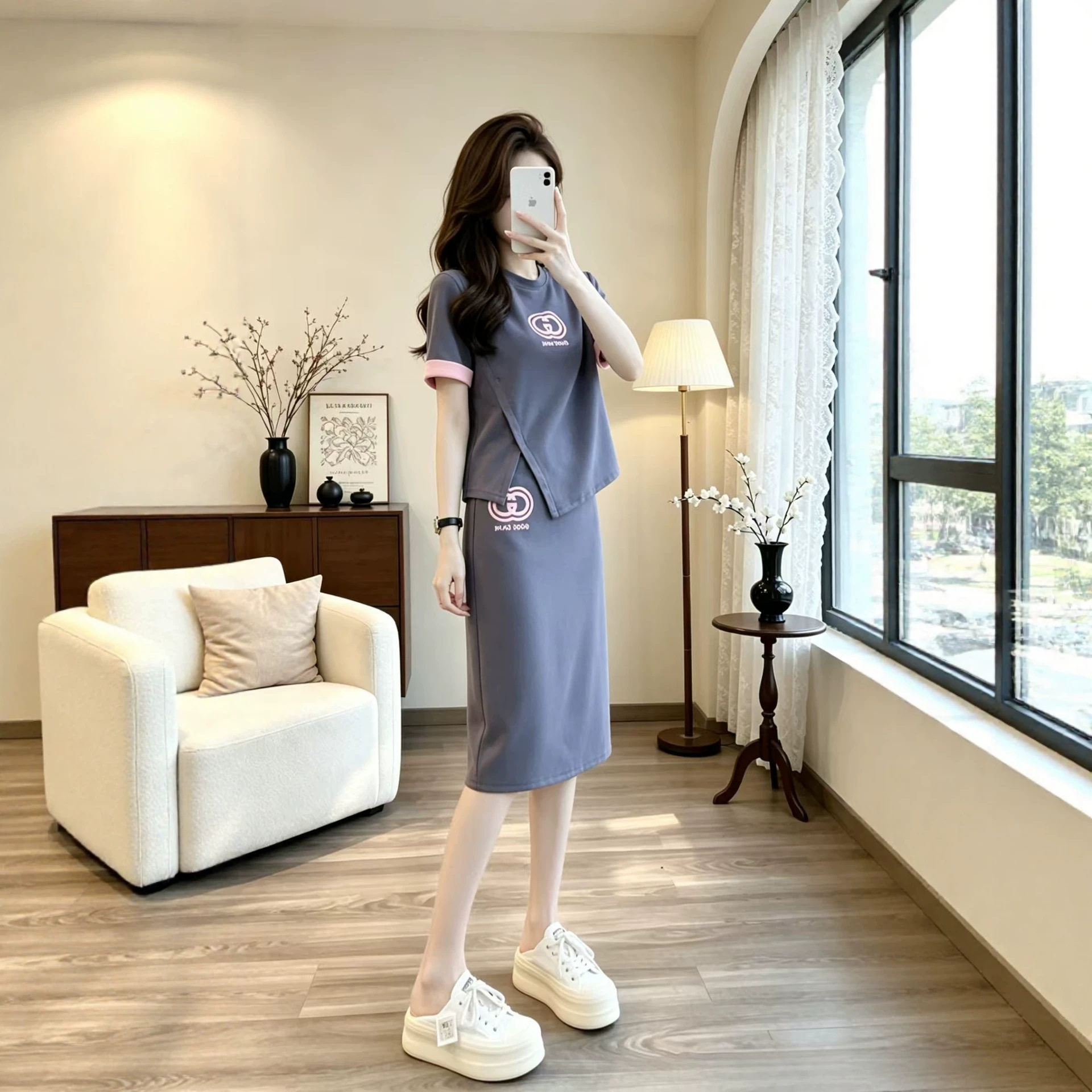 韩系穿搭休闲运动套装女2026夏洋气减龄短袖t恤粉色阔腿裤两件套