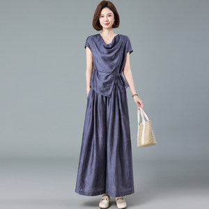 莱赛尔阔腿裤套装女夏季2026新款妈妈收腰显瘦气质宽松显高两件套