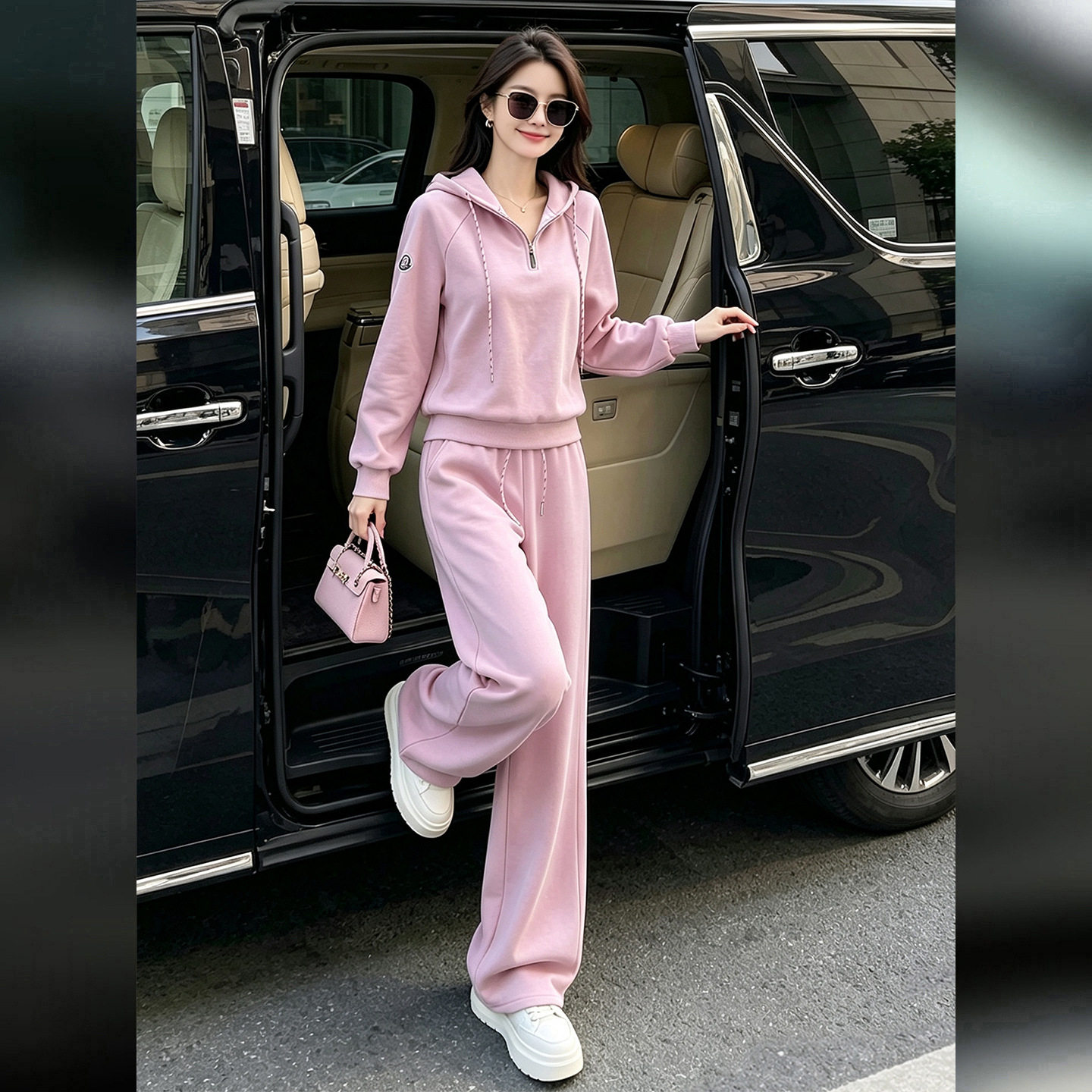 韩系粉色休闲运动套装女2026秋冬减龄连帽卫衣外套阔腿裤两件套潮
