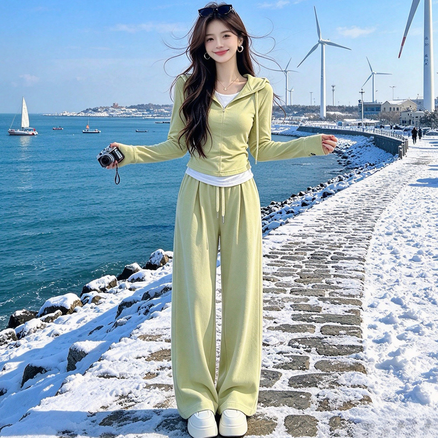 气质韩版休闲运动套装女秋季修身显瘦假两件长袖上衣阔腿裤两件套