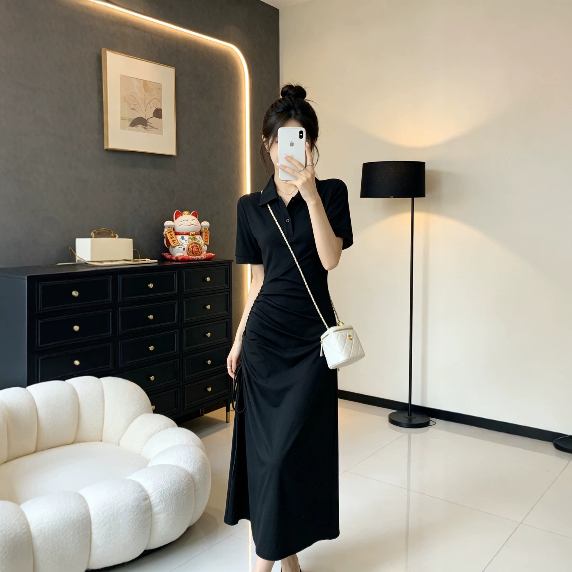黑色休闲连衣裙女夏法式复古气质修身显瘦褶皱中长款短袖T恤裙子