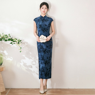 杭派风2026夏季 复古国风弹力植绒短袖 日常旗袍连衣裙 SY6051 新款