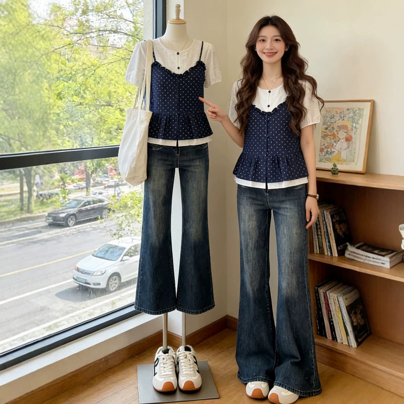 假两件藏青色波点短袖衬衫女2026夏新款胖mm娃娃衫蓬蓬上衣A11522