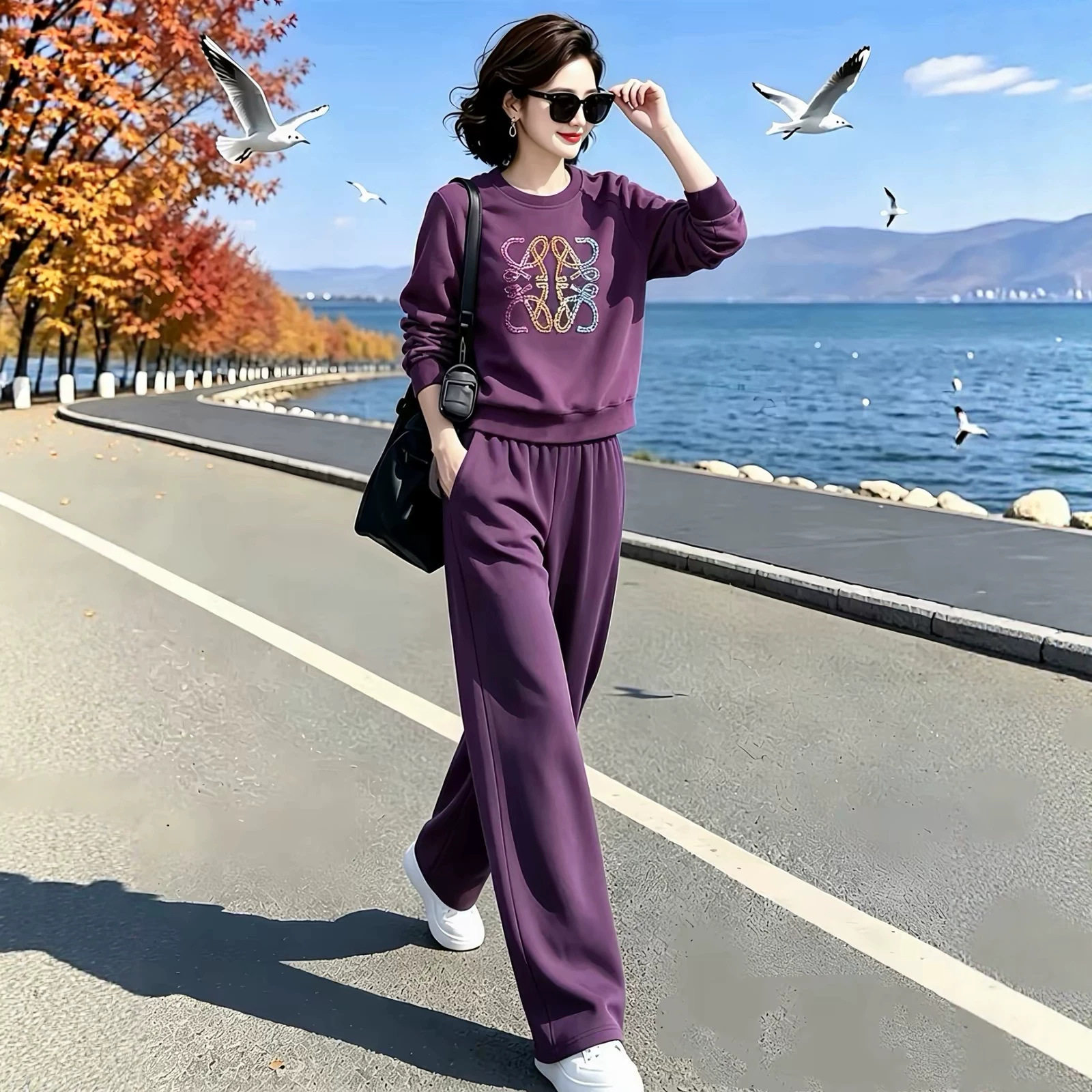 大码时尚运动套装女春秋季新款减龄长袖卫衣休闲显瘦阔腿裤两件套
