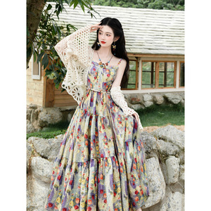 法式高级设计感油画印花碎花连衣裙海边旅游度假风长裙两件套装女