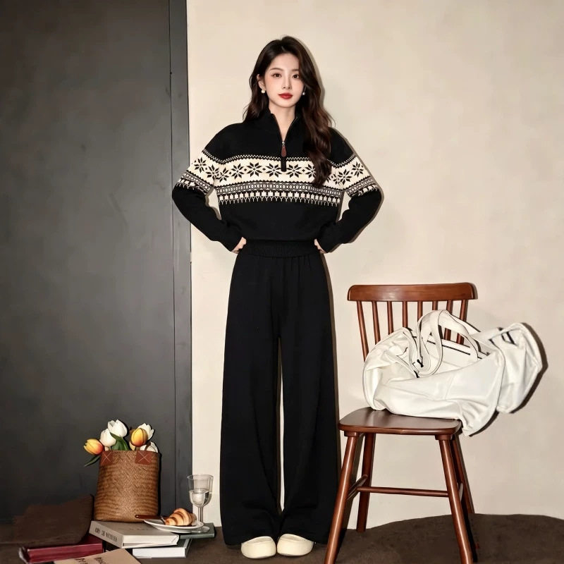 跨境2026美式费尔岛半拉链套头毛衣女秋季高腰阔腿裤针织两件套女