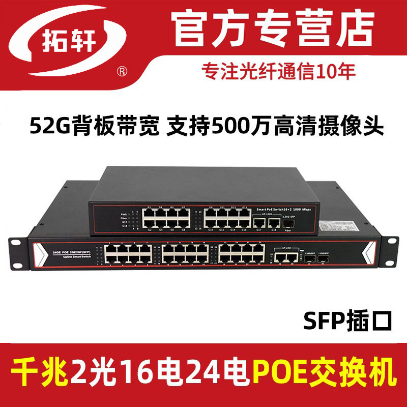 拓轩全千兆1光16电24电POE供电交换机单模单纤机架式2光16电24电POE光纤收发器全千兆24口POE光电转换器SFP