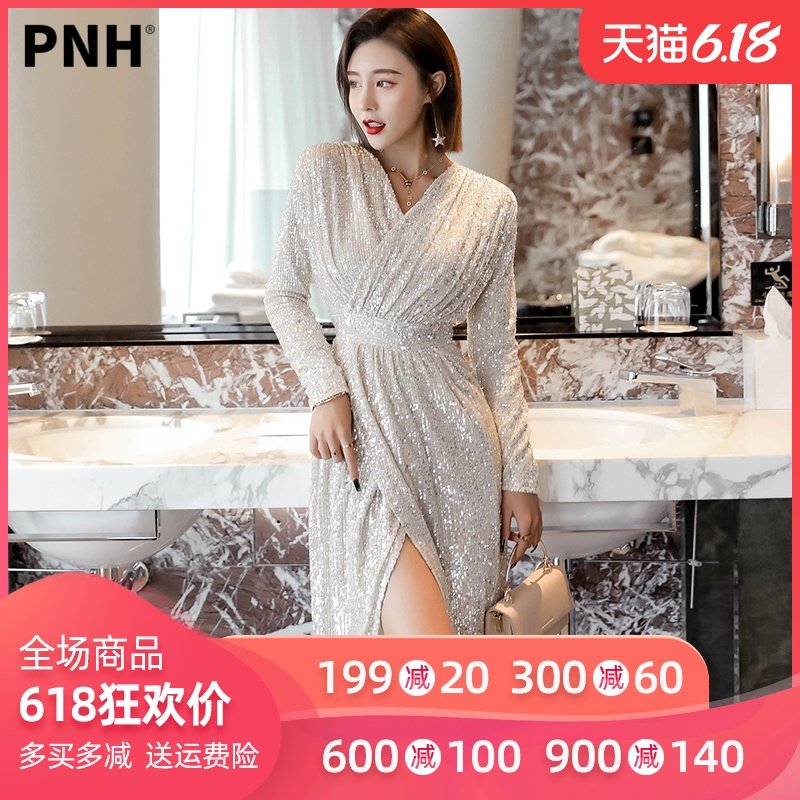 品诺狐亮片连衣裙女秋冬2020新款性感长袖名媛闪闪blingbling裙子