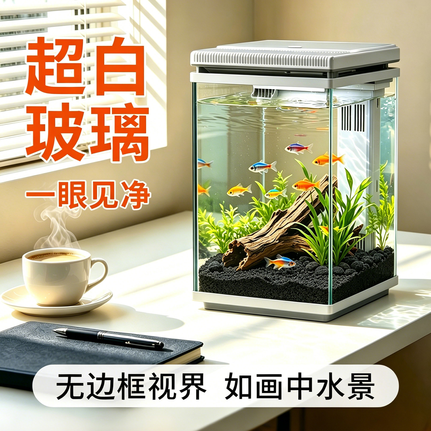 森森桌面鱼缸免换水超白玻璃小型桌面客厅家用生态水族箱开箱即用