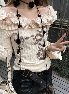 黑色玫瑰花小众手工针织细窄长条飘带围巾女y2k小众脖子配饰颈链