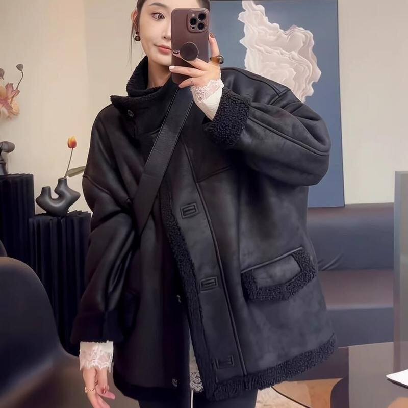 皮毛一体羊羔毛外套女2024冬季新款宽松立领加厚保暖机车服上衣潮