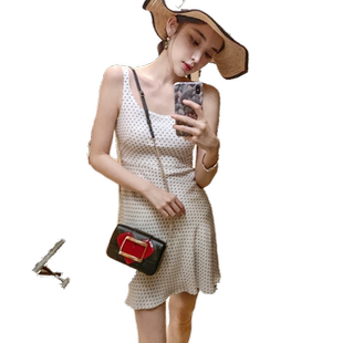 明星同款 娜扎同款吊带连衣裙女装夏新款雪纺大U领无袖波点度假裙