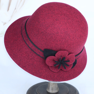 妈妈帽女士秋冬天礼帽酒红色洋气盆帽中老年人保暖帽渔夫帽女冬天