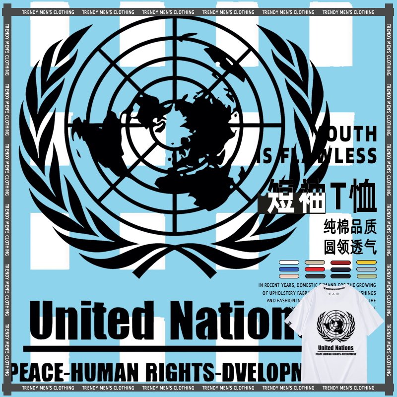 United Nations联合国纯棉夏季短袖T恤男装衣服宽松圆领半袖衫潮