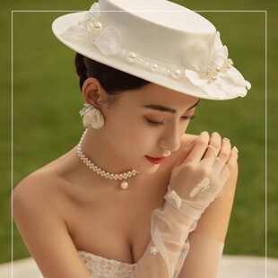影楼拍照大礼帽新娘头饰发饰白色缎面婚纱配饰品花朵法式旅拍复古