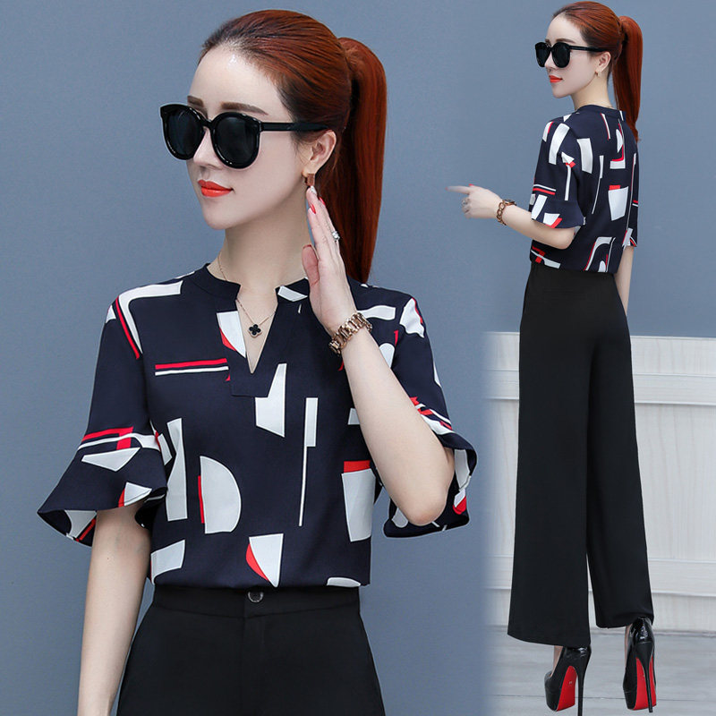 여성을위한 세련된 넓은 다리 바지 정장 2023 여름 새로운 패션 스타일 어머니의 착용 가벼운 성숙한 스타일 여성 쉬폰 투피스 세트