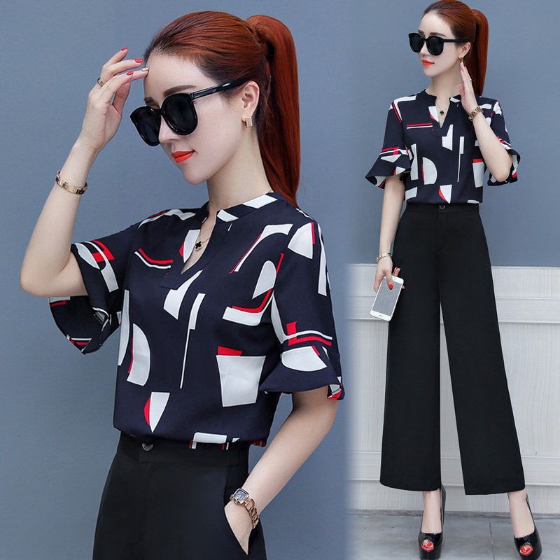 여성을위한 세련된 넓은 다리 바지 정장 2023 여름 새로운 패션 스타일 어머니의 착용 가벼운 성숙한 스타일 여성 쉬폰 투피스 세트