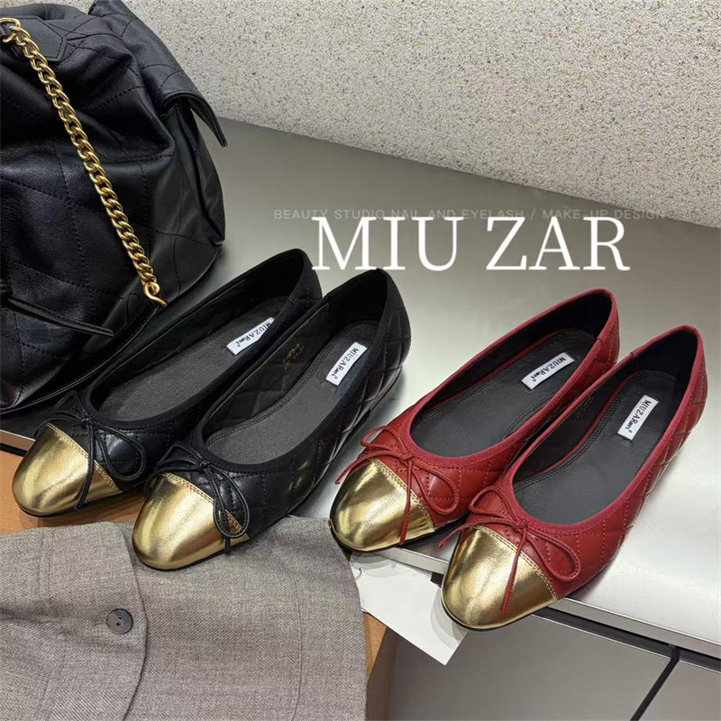 妙莎MIUZAR女鞋2026秋季撞色圆头小香风瓢鞋菱形格真皮蝴蝶结单鞋
