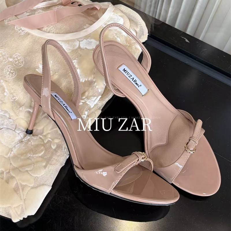妙莎MIUZAR女鞋2026春夏新款漆皮露趾凉鞋真皮高跟鞋细跟纯色