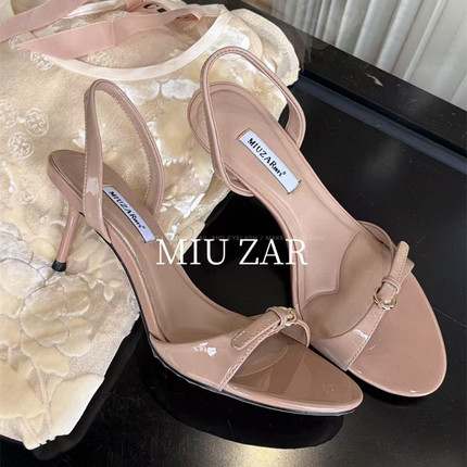 妙莎MIUZAR女鞋2026春夏新款漆皮露趾凉鞋真皮高跟鞋细跟纯色