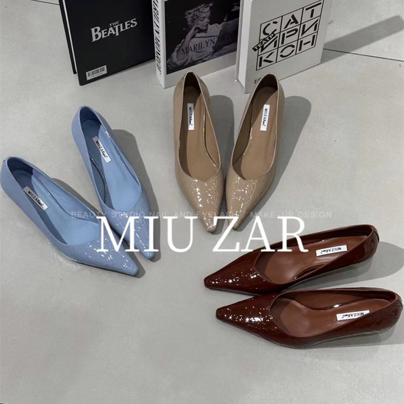 妙莎MIUZAR女鞋2026春夏新款刀割漆皮高跟鞋尖头细跟净版瓢鞋单鞋