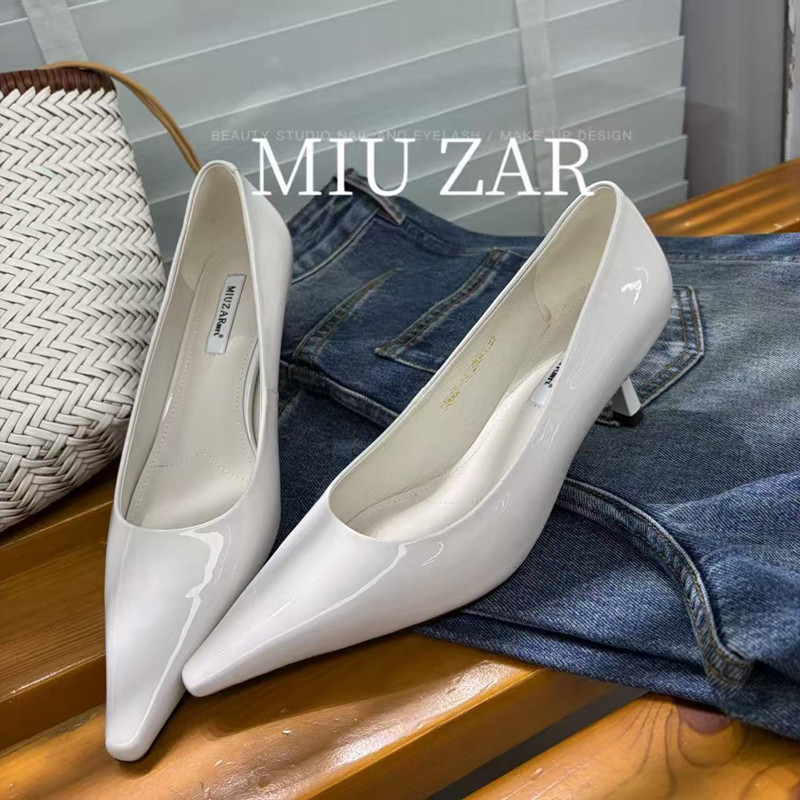 妙莎MIUZAR女鞋2026春夏新款小方头漆皮高跟鞋纯色净版瓢鞋单鞋