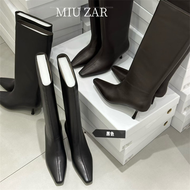 妙莎MIUZAR女鞋2026秋季新款高跟方头时装靴净版真皮骑士靴套筒靴