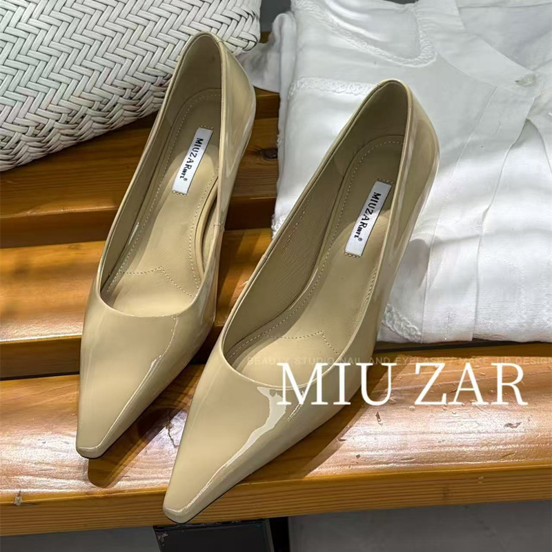 妙莎MIUZAR女鞋2026春夏新款小方头漆皮高跟鞋纯色净版瓢鞋单鞋