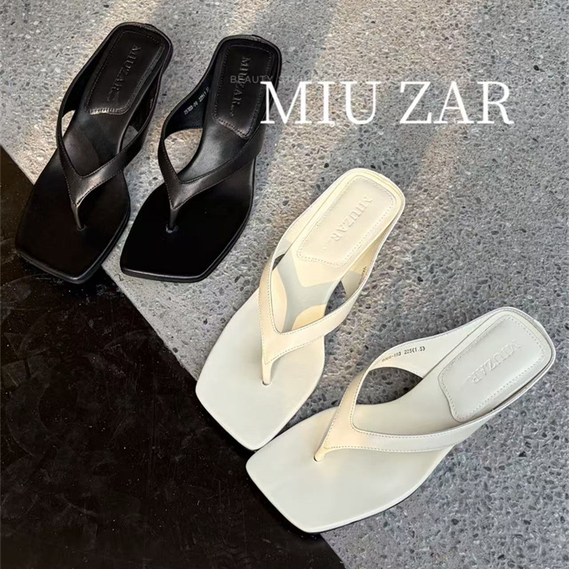 妙莎MIUZAR女鞋2026夏季新款细中跟人字拖真皮凉拖方头高跟拖鞋