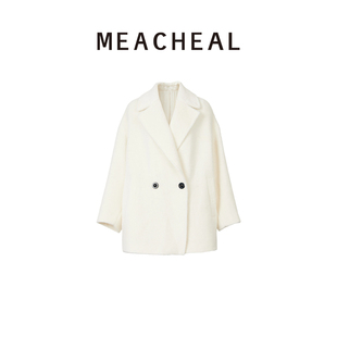 MEACHEAL2025冬季新款翻领羊驼毛绵羊毛短款大衣白色毛呢外套