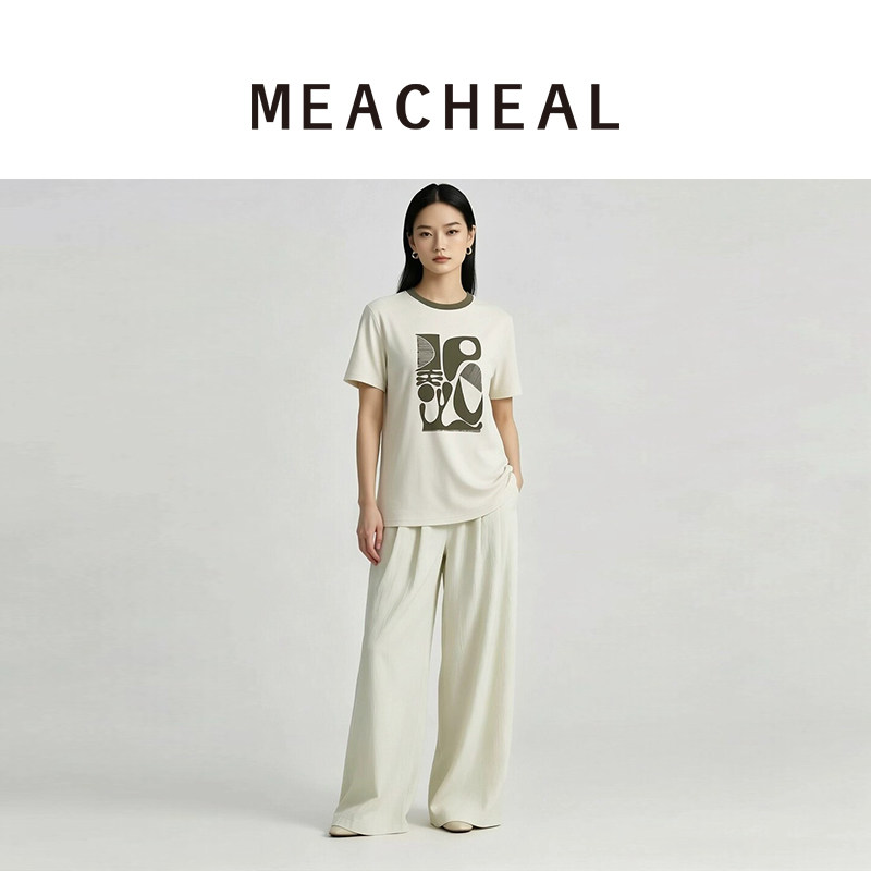 MEACHEAL米茜尔2026夏季新款撞色园领短袖休闲几何幻方印花T恤图片