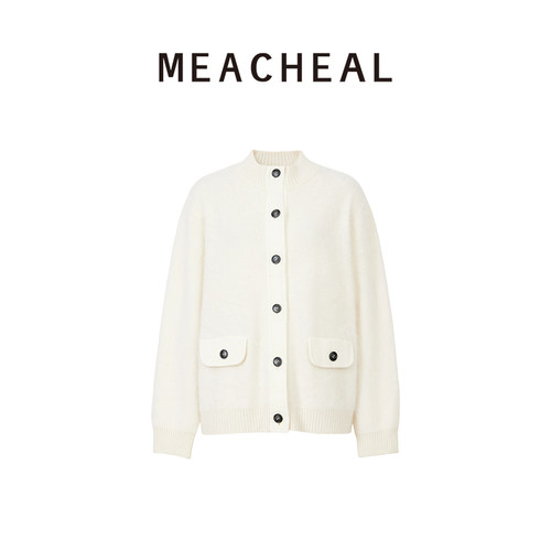 MEACHEAL2025冬季新款高级感100%山羊绒白色针织开衫外套