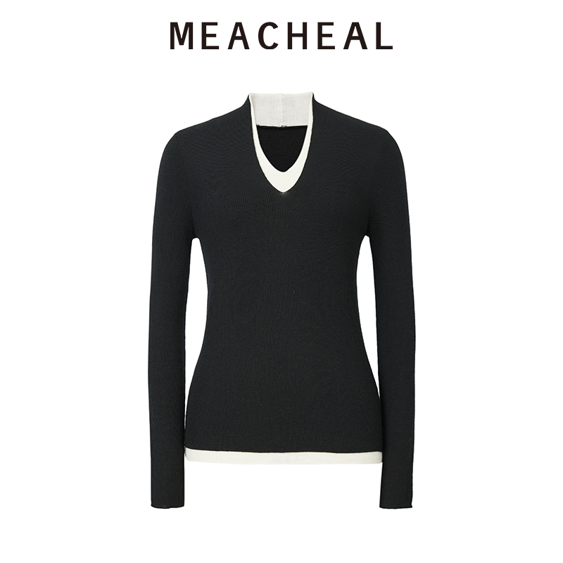 MEACHEAL 2025冬季新款气质优雅绵羊毛假两件黑色针织打底衫简约