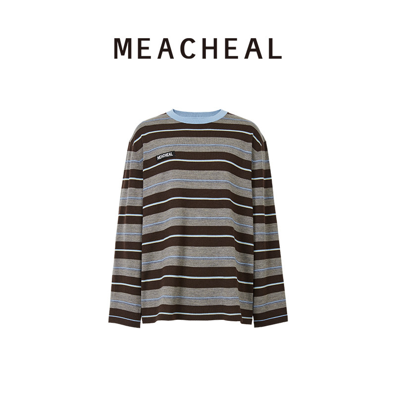 MEACHEAL2025冬季新款复古撞色条纹字母刺绣羊毛圆领打底针织衫