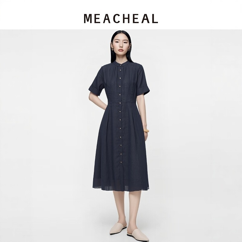 MEACHEAL米茜尔2026夏季新款100%苎麻短袖铬黑色透气中长连衣裙图片
