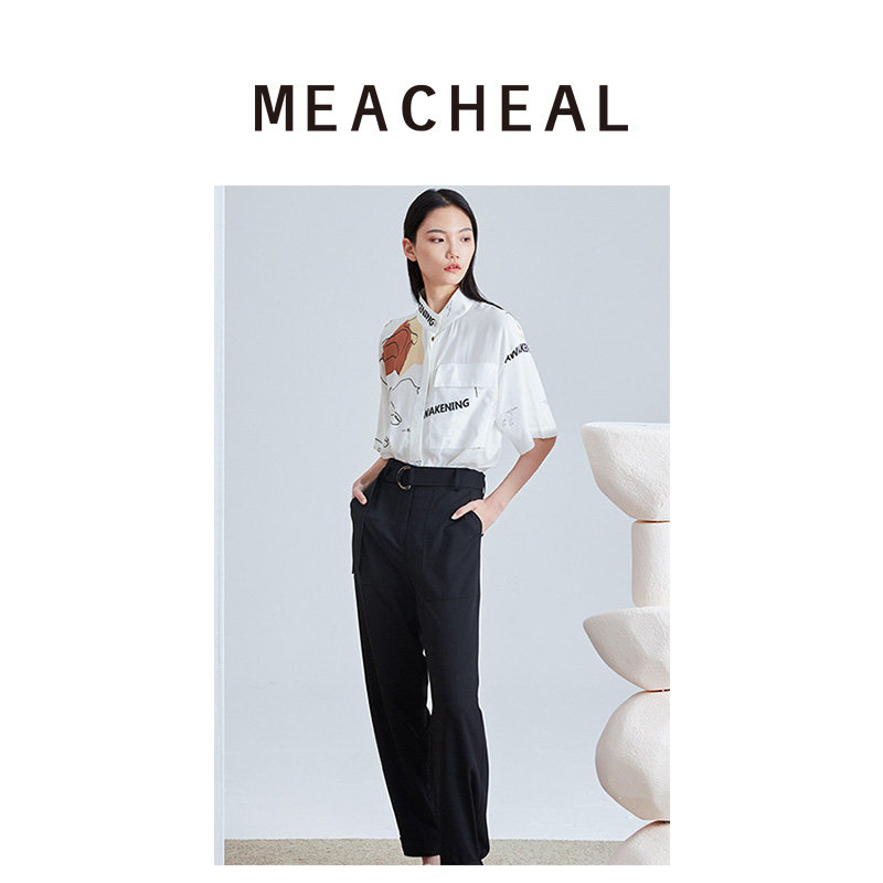 MEACHEAL米茜尔夏季新款黑色高腰圆环腰带垂感显瘦阔腿西装裤