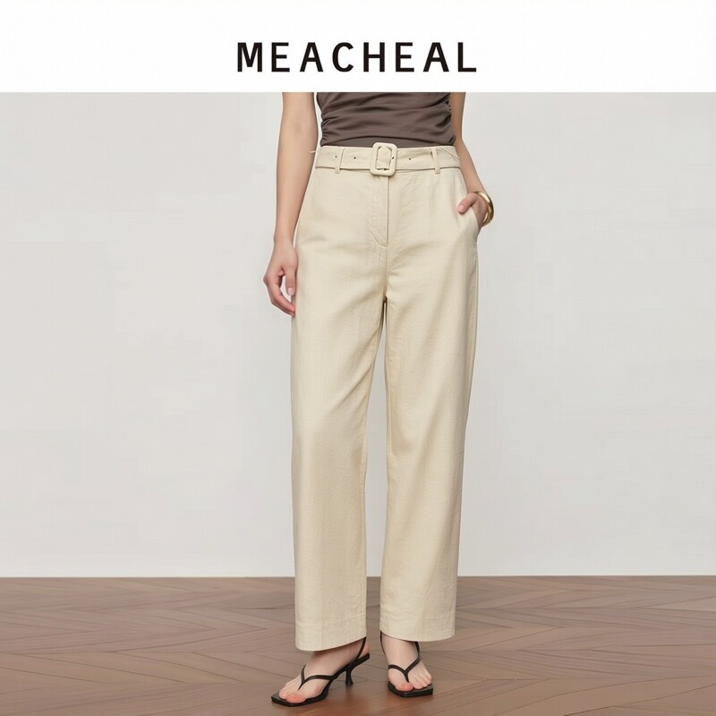 MEACHEA 米茜尔夏季新款浅草米腰带高腰直筒裤通勤显瘦休闲长裤图片