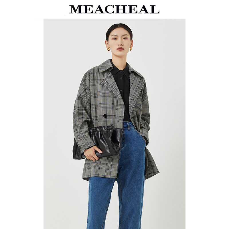 meacheal米茜尔秋季新款摩尔灰格纹羊毛混纺外套通勤休闲女士外套