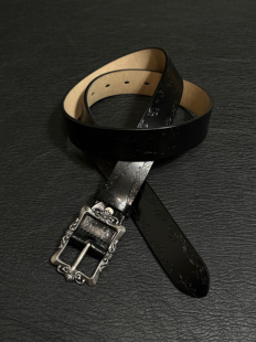 小心袖口 Vintage中古真皮黑色雕花针扣腰带小众简约日常通勤皮带