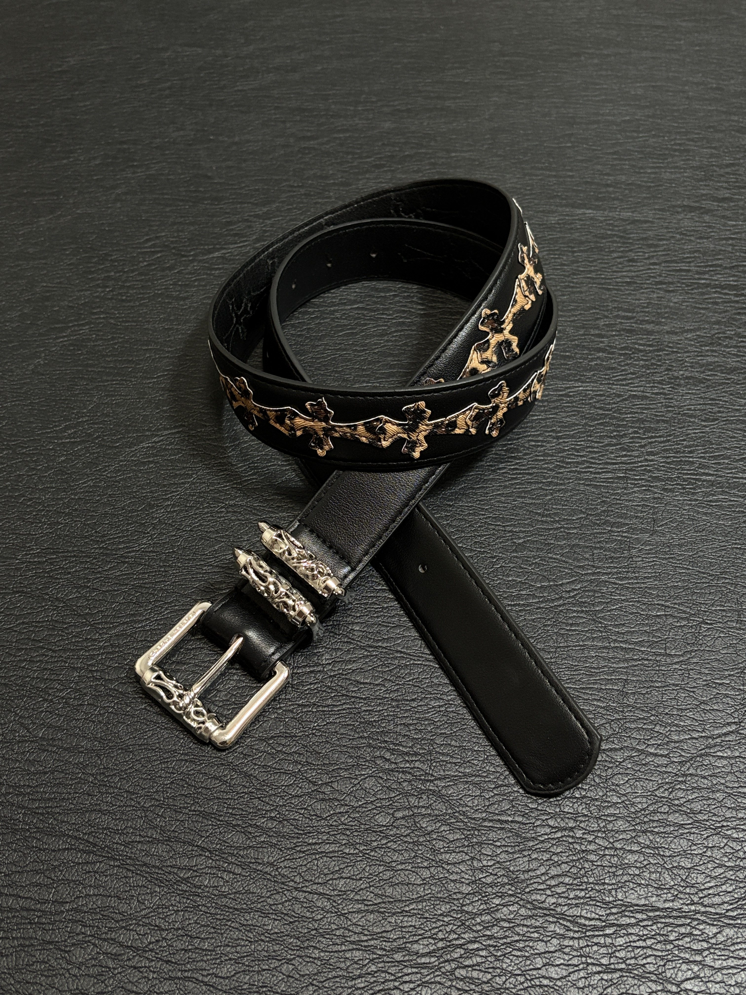 小心袖口 Vintage中古十字架豹纹贴皮腰带重工复古小众男女皮带