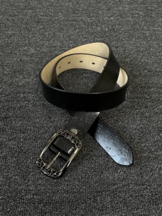 小心袖 Vintage中古黑色真皮雕花针扣腰带小众日常百搭男女皮带 口