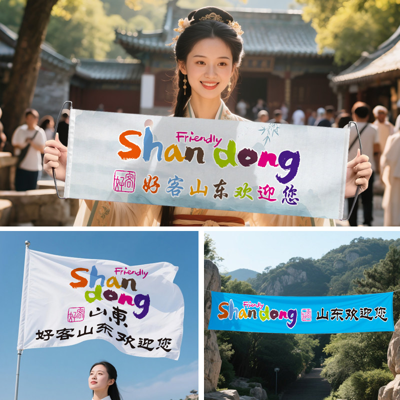 好客山东手拉旗定制手幅彩色条幅欢迎您户外旗子定做旅游行氛围宣传旅行登爬山拍照打卡旗帜定制